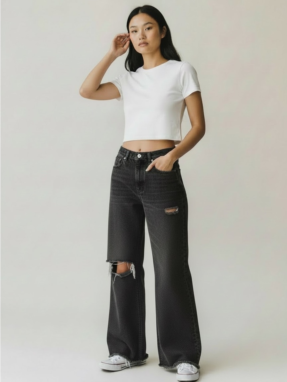 Zara Black Wide-Leg Distressed Jeans
